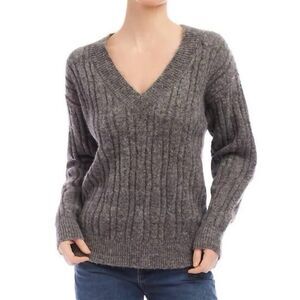 Fifteen Twenty - Deliana Oversized V-neck Chunky Knit Sweater Gray Medium